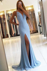 Fabulous Light Blue Mermaid Sleeveless Slit Long Prom Dress, Evening Dress
